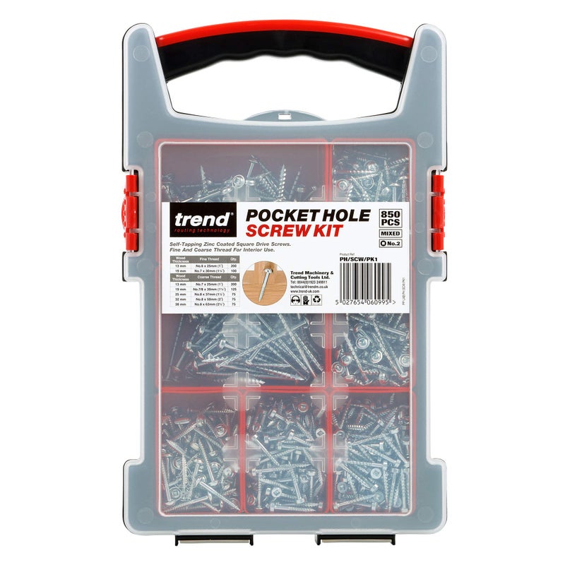 Trend Pocket Hole Screws for Hard & Softwoods, Selection Pack of 850, Self-Tapping Zinc Coated Square Drive Screws in Carry Case, PH/SCW/PK1 - Image 1